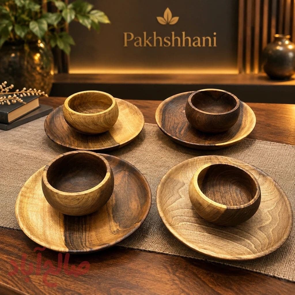 پیاله و پیش دستی چوبی