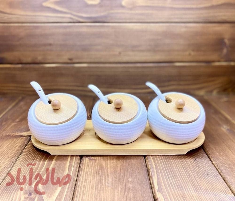 ست جا ادویه 3 عددی سرامیکی زیر چوب مدل نگین