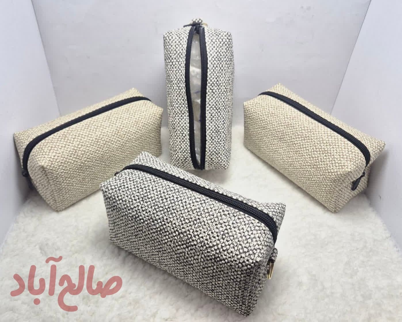 کد کالا 5030021 کیف آرایشی تک زیپ مکعبی رویه کنفی ✅️حلقه دار (۶عددی)