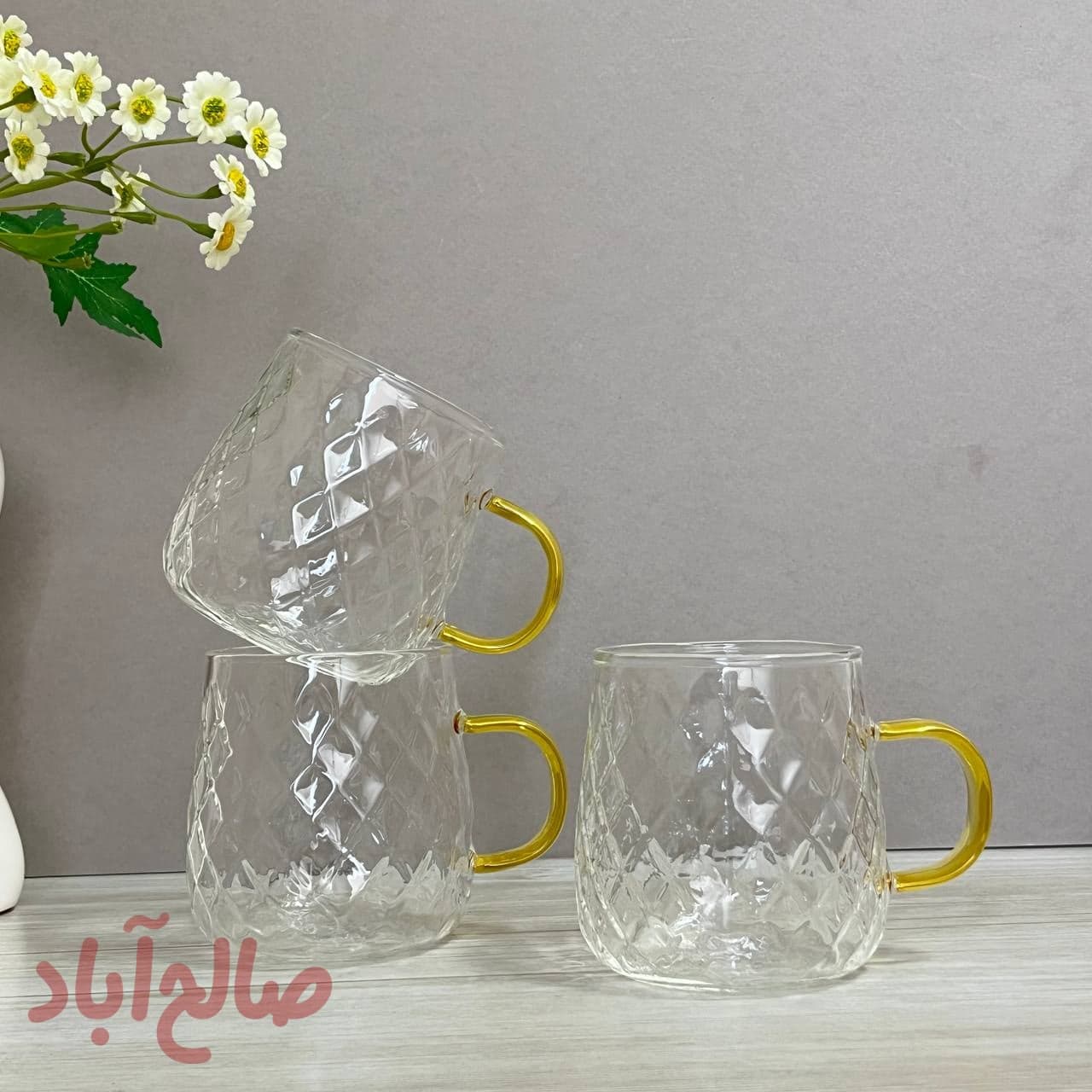 لیوان پیرکس لوزی دسته رنگی 450ml